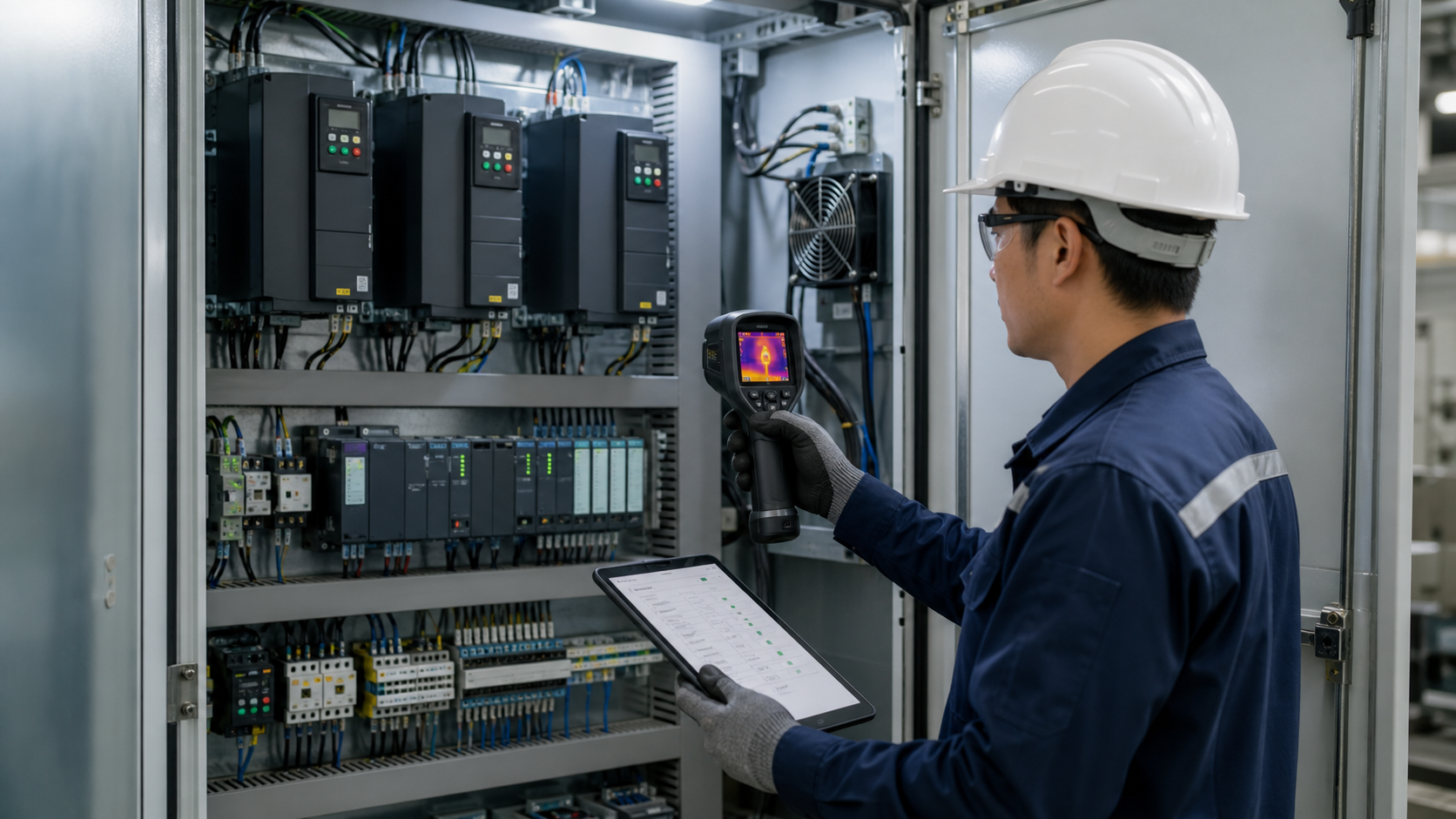 Kỹ sư kiểm tra bảo trì phòng ngừa tủ điện PLC tại nhà máy sản xuất