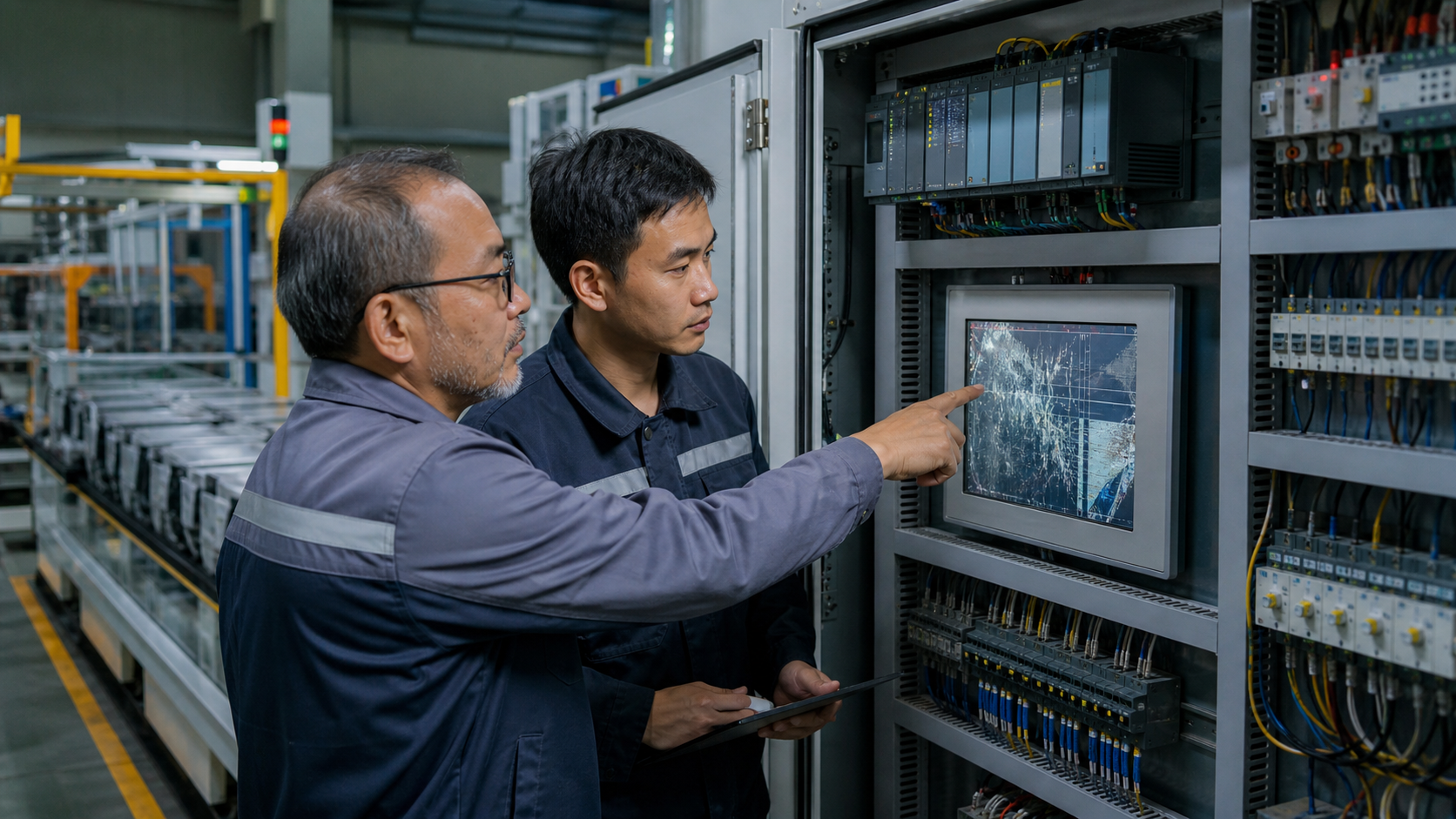 Kỹ sư kiểm tra HMI bị treo tại nhà máy sản xuất