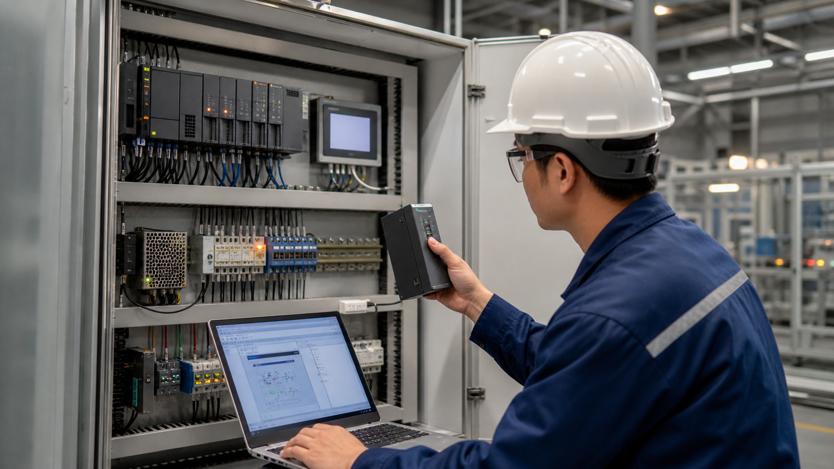 Kỹ sư đo PLC input trong tủ điện nhà máy