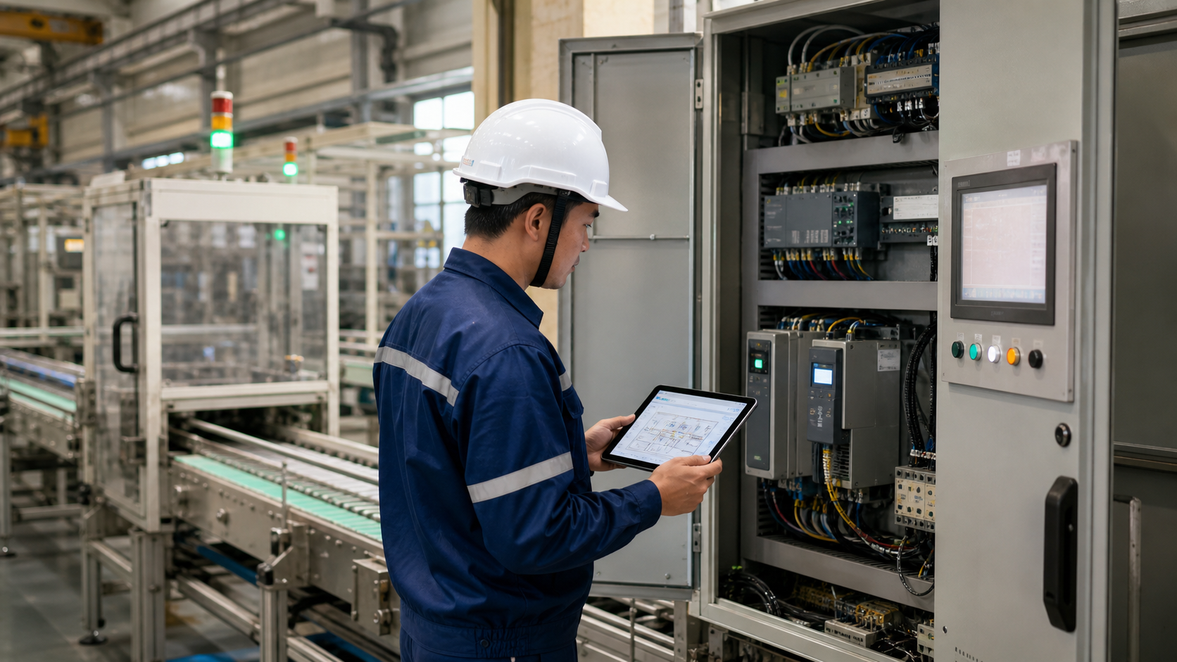 Kỹ sư kiểm tra retrofit dây chuyền cũ tại nhà máy sản xuất