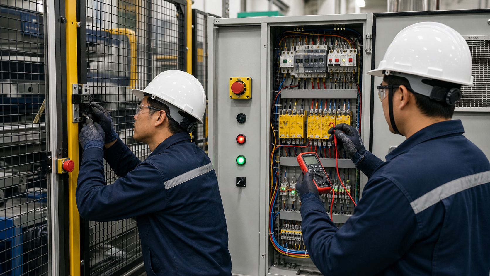 Kỹ sư kiểm tra safety relay không reset trong tủ điện