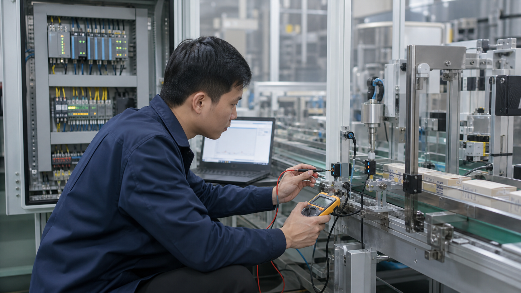 Kỹ thuật viên kiểm tra sensor chập chờn trên dây chuyền