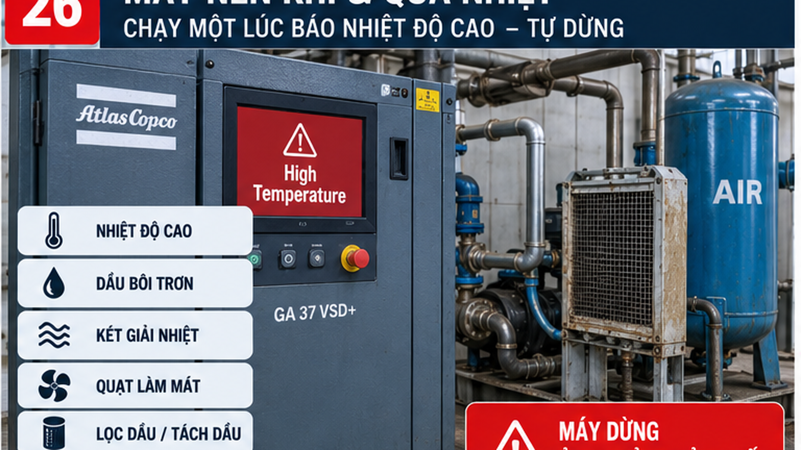 Kỹ thuật viên kiểm tra máy nén khí quá nhiệt tại xưởng SME Việt Nam - máy nén khí quá nhiệt