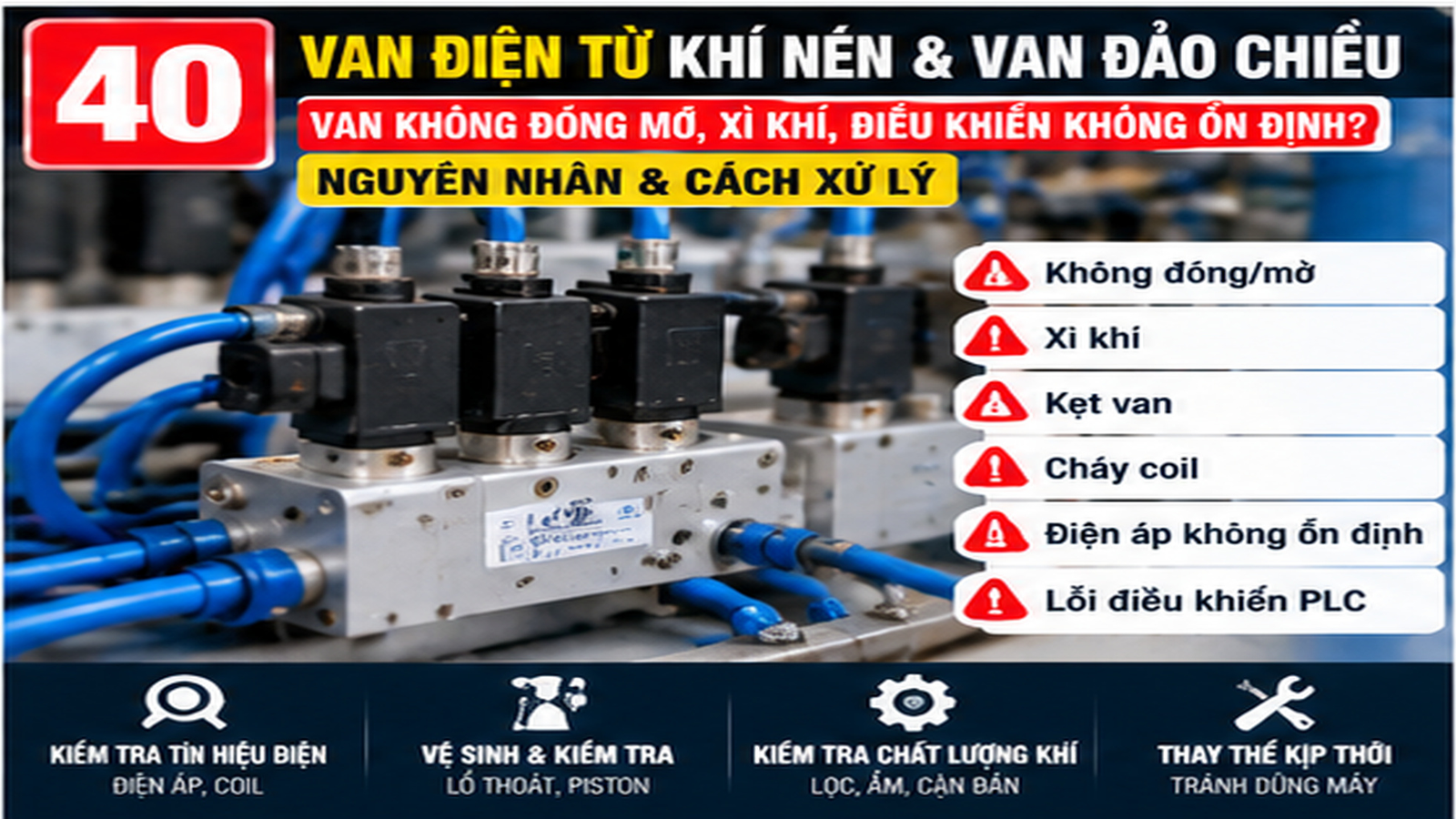Kỹ thuật viên kiểm tra van điện từ khí nén tại xưởng SME Việt Nam