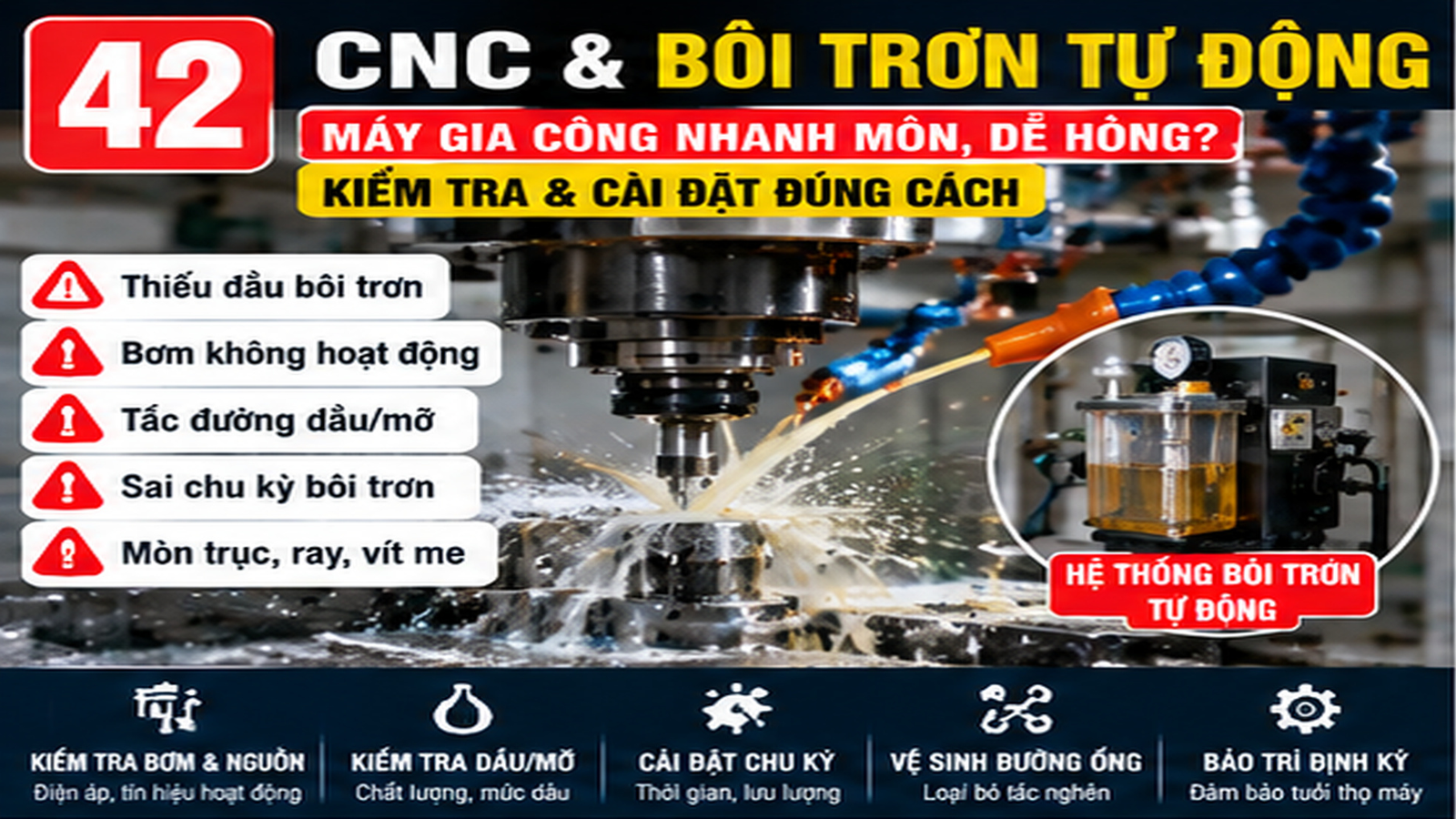 Kỹ thuật viên kiểm tra bôi trơn CNC tại xưởng SME Việt Nam