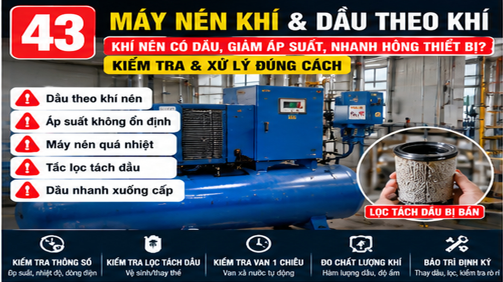 Kỹ thuật viên kiểm tra máy nén khí hao dầu tại xưởng SME Việt Nam