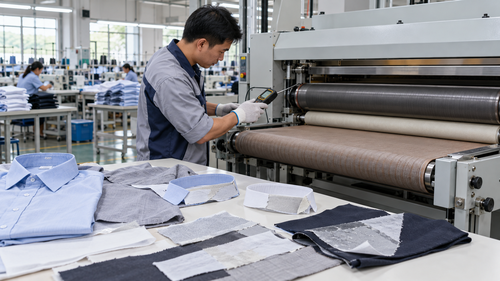 Kỹ thuật viên kiểm tra máy ép keo mex tại xưởng SME Việt Nam