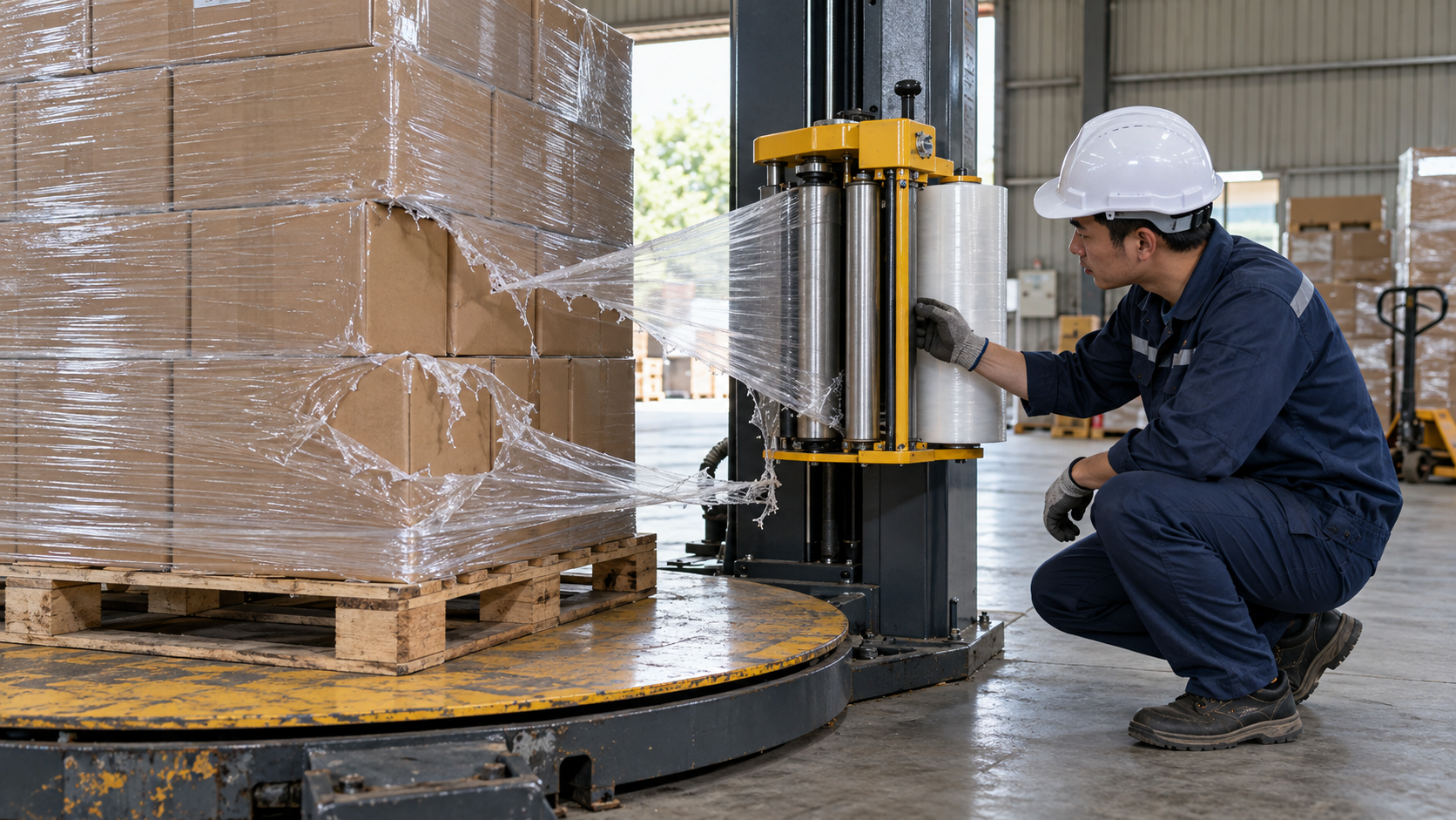 Minh họa kiểm tra cụm kéo màng khi máy quấn pallet đứt màng