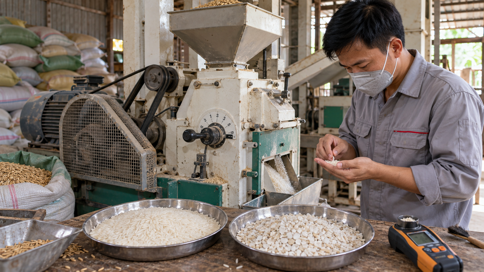 Minh họa kiểm tra mẫu gạo gãy khi xay xát tại cơ sở chế biến