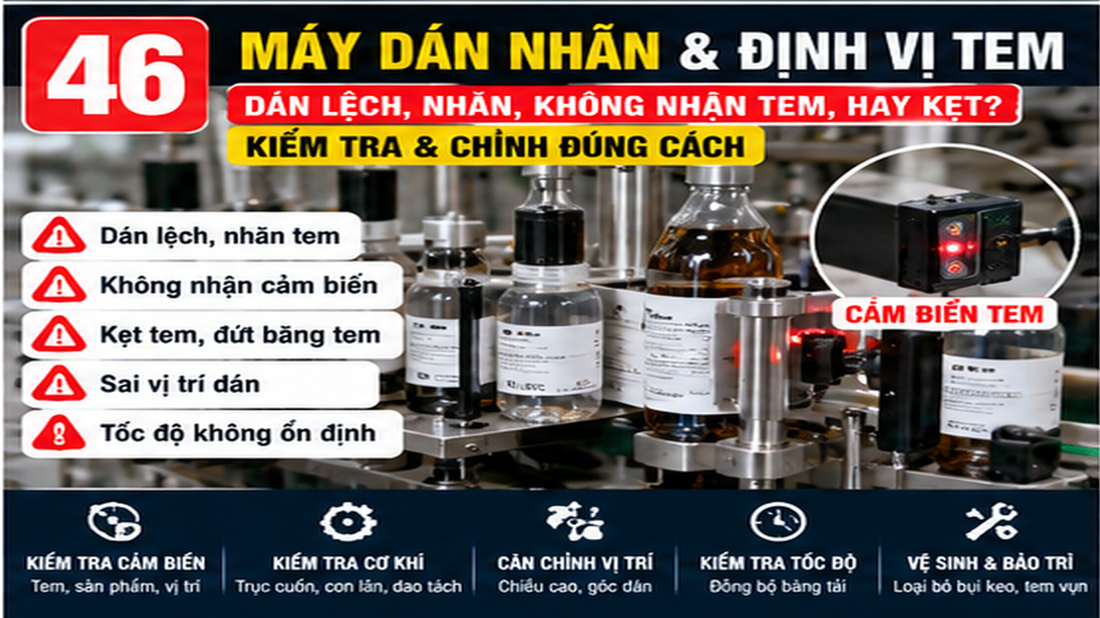 Kỹ thuật viên kiểm tra máy dán nhãn tại xưởng SME Việt Nam