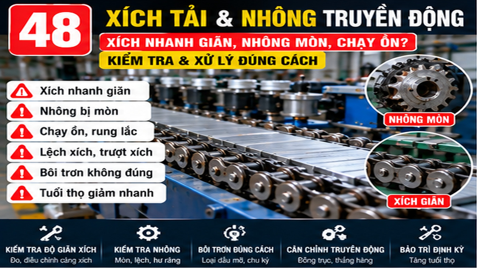 Kỹ thuật viên kiểm tra xích tải tại xưởng SME Việt Nam
