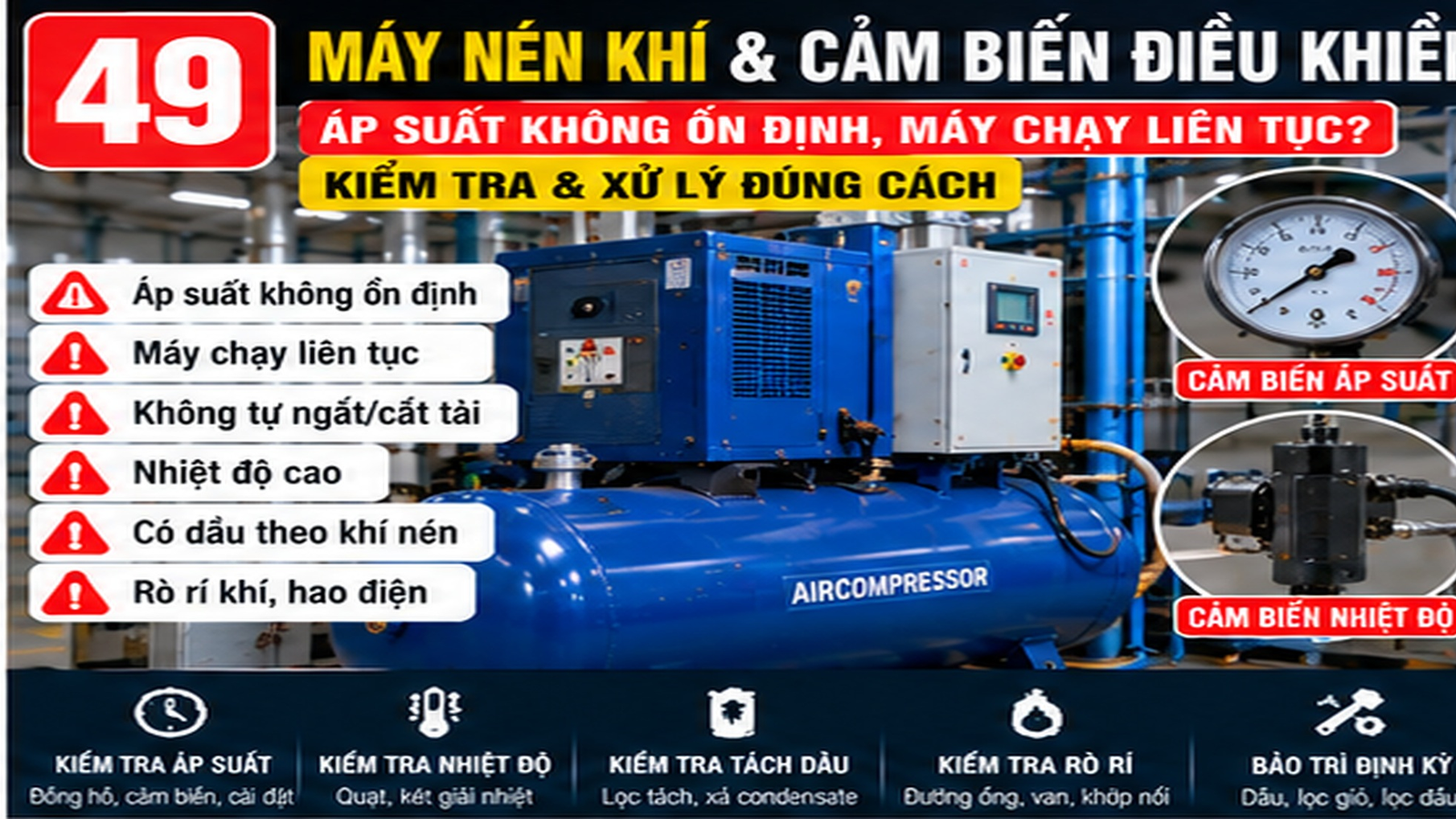 Kỹ thuật viên kiểm tra cảm biến máy nén khí tại xưởng SME Việt Nam