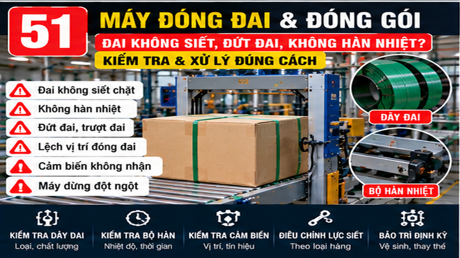 Kỹ thuật viên kiểm tra máy đóng đai tại xưởng SME Việt Nam