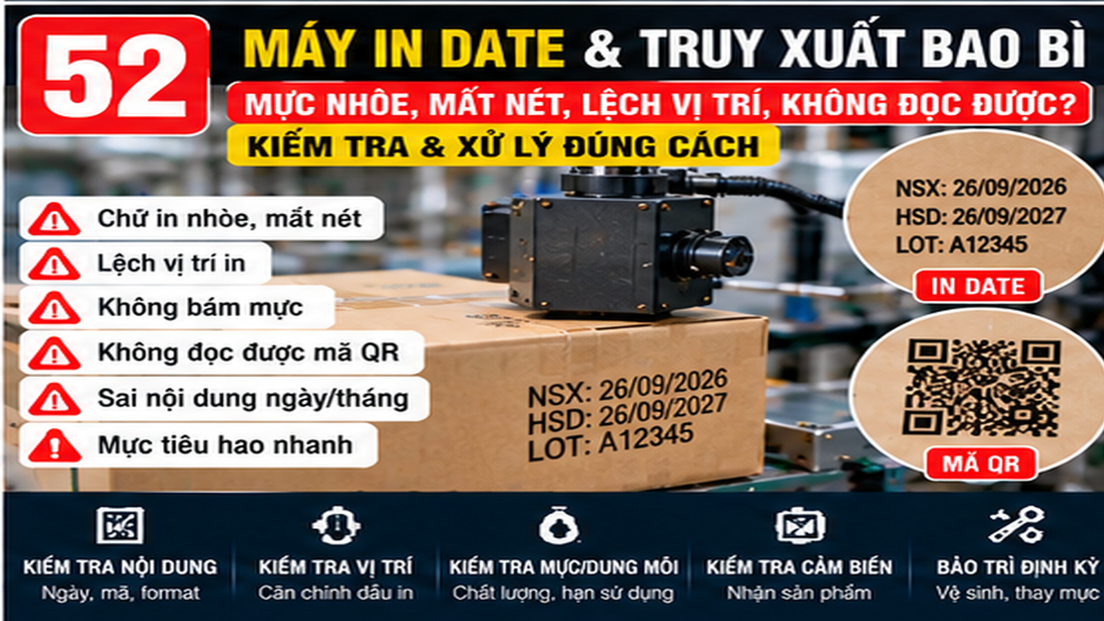 Kỹ thuật viên kiểm tra máy in date tại xưởng SME Việt Nam