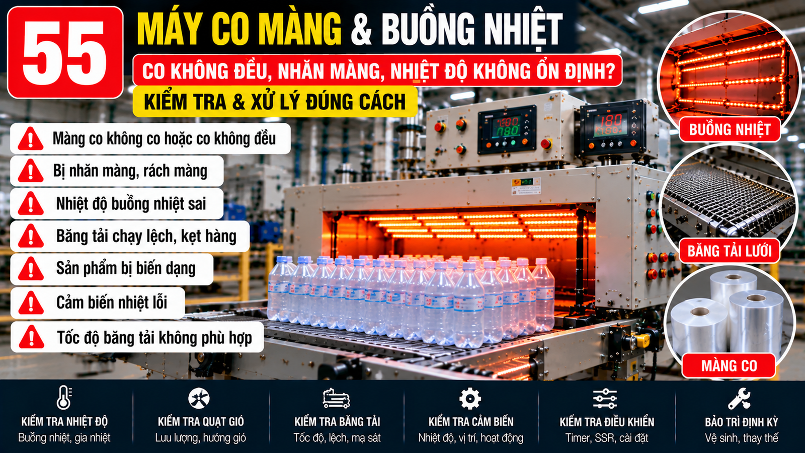 Kỹ thuật viên kiểm tra máy co màng tại xưởng SME Việt Nam