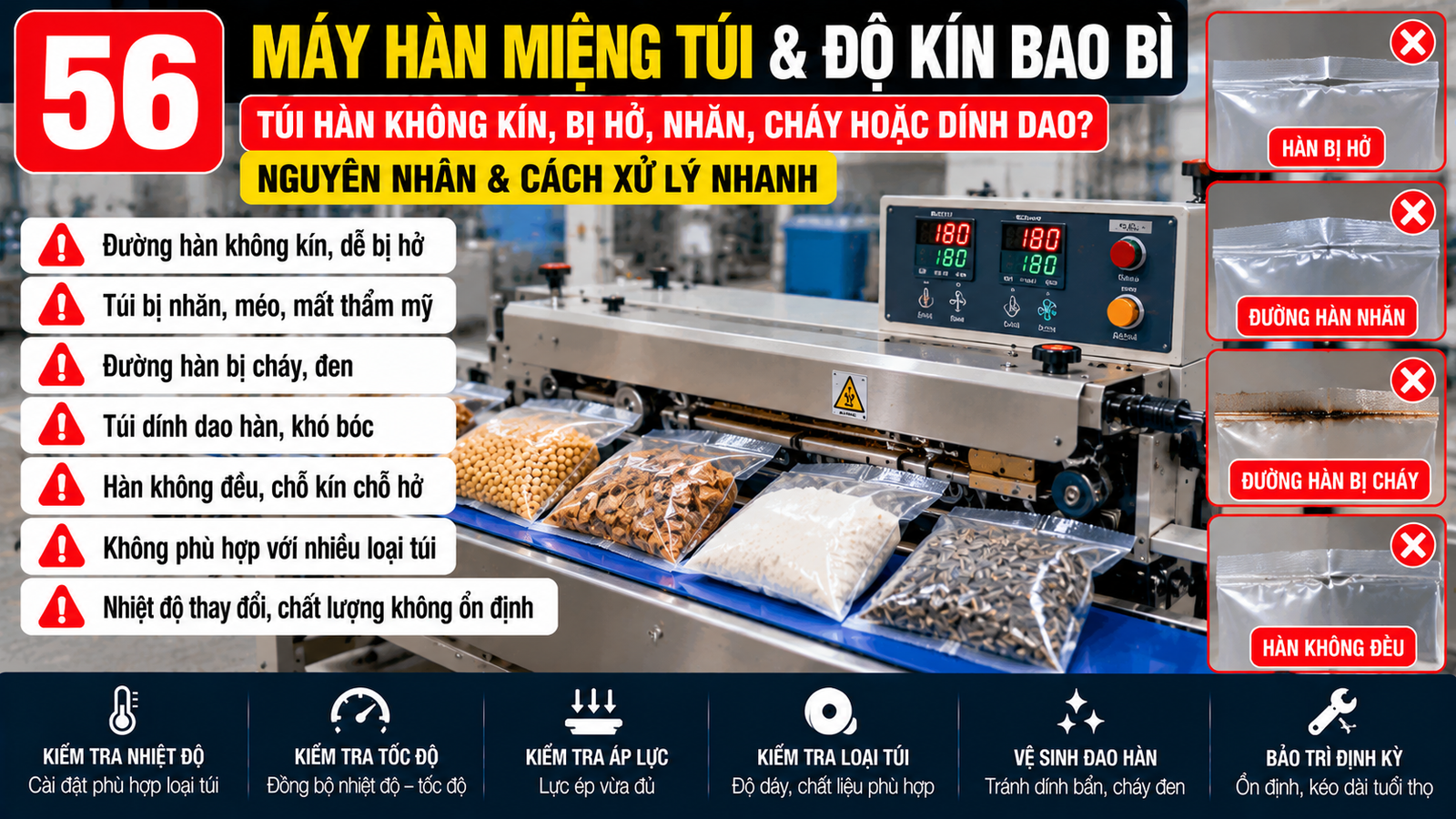 Kỹ thuật viên kiểm tra máy hàn miệng túi tại xưởng SME Việt Nam