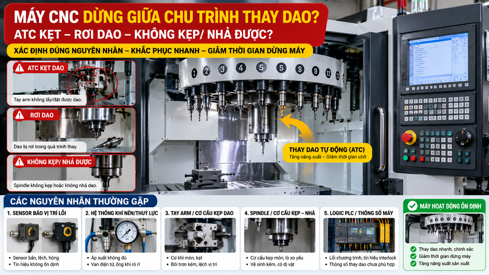 Kỹ thuật viên kiểm tra ATC CNC tại xưởng SME Việt Nam