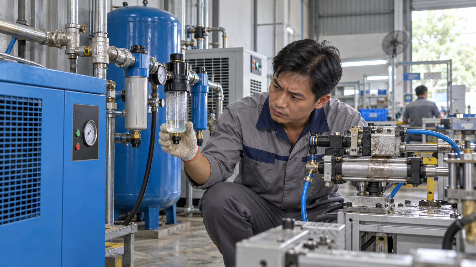Kỹ thuật viên kiểm tra máy sấy khí tại xưởng SME Việt Nam