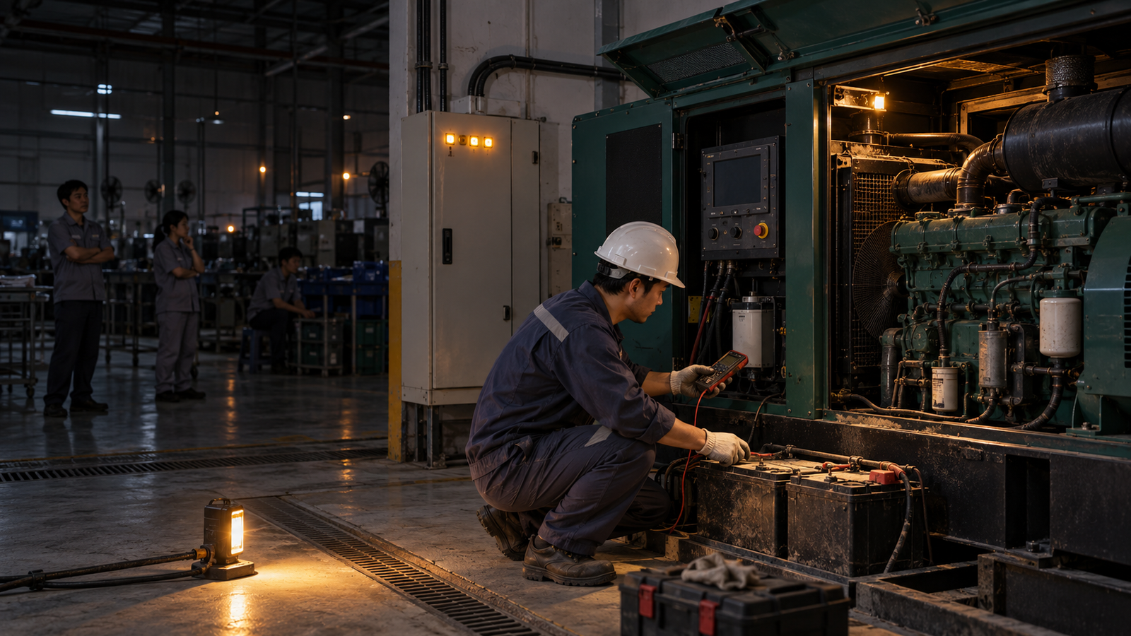 Kỹ thuật viên kiểm tra máy phát điện tại xưởng SME Việt Nam