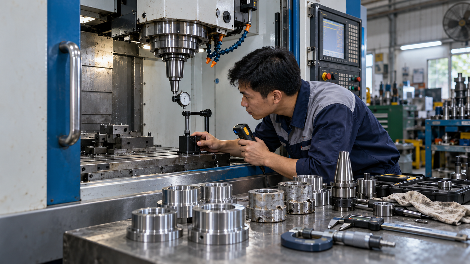 Kỹ thuật viên kiểm tra spindle CNC tại xưởng SME Việt Nam