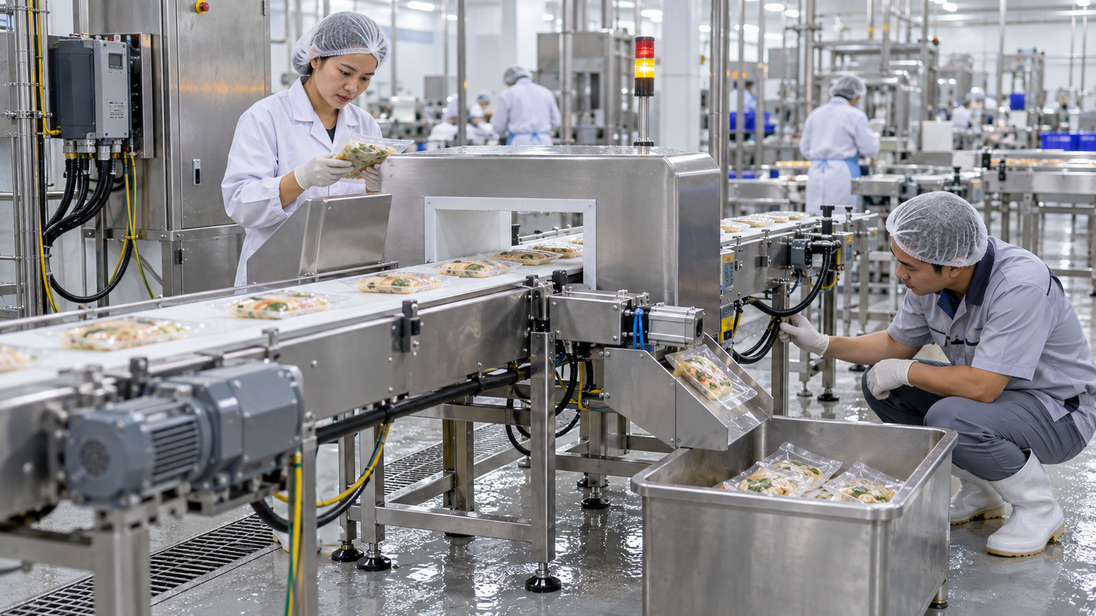 Kỹ thuật viên kiểm tra máy dò kim loại tại xưởng SME Việt Nam