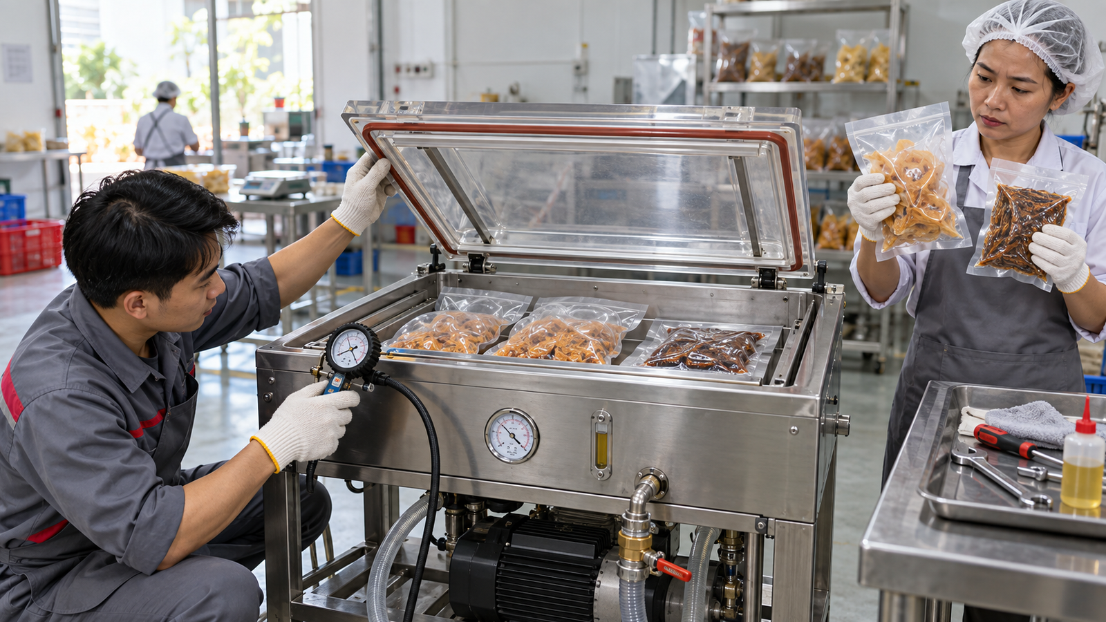 Kỹ thuật viên kiểm tra máy hút chân không tại xưởng SME Việt Nam