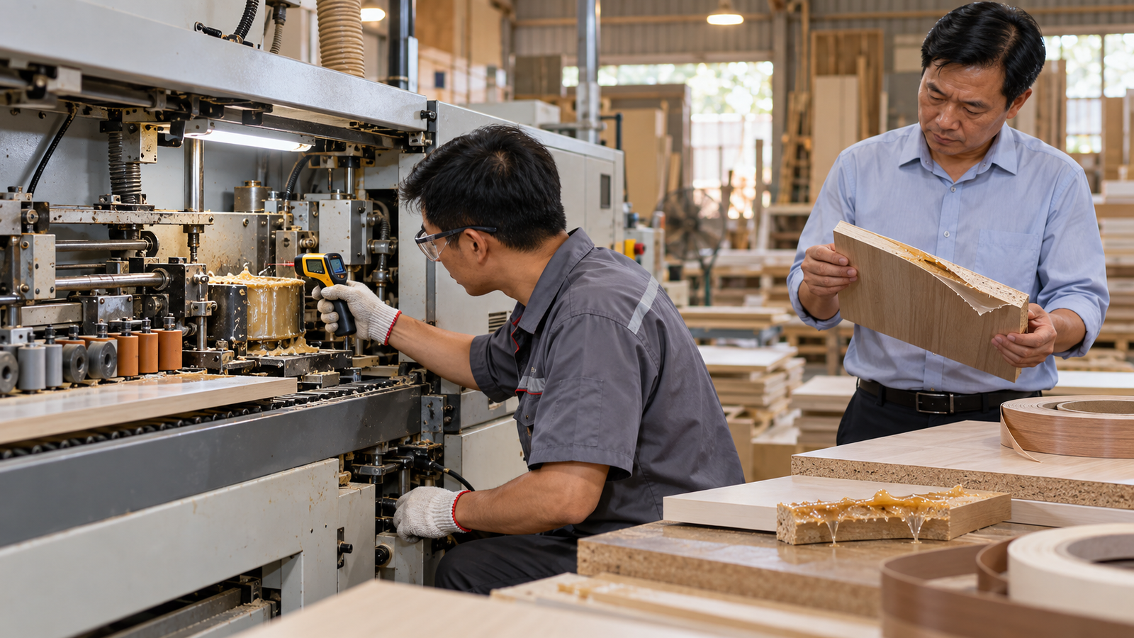 Kỹ thuật viên kiểm tra máy dán cạnh tại xưởng SME Việt Nam