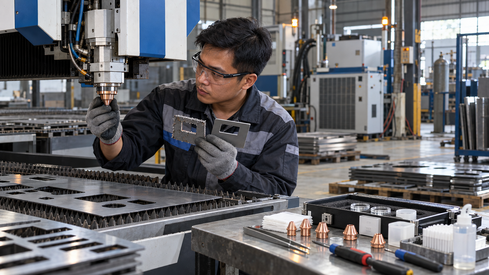 Kỹ thuật viên kiểm tra máy cắt laser fiber tại xưởng SME Việt Nam
