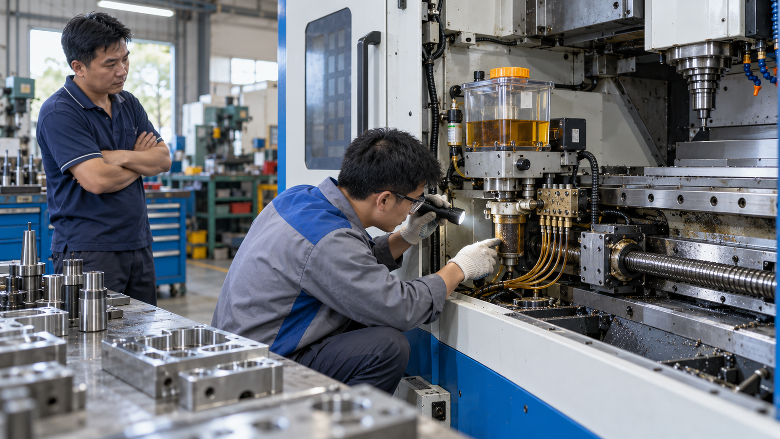 Kỹ thuật viên kiểm tra bôi trơn CNC tại xưởng SME Việt Nam