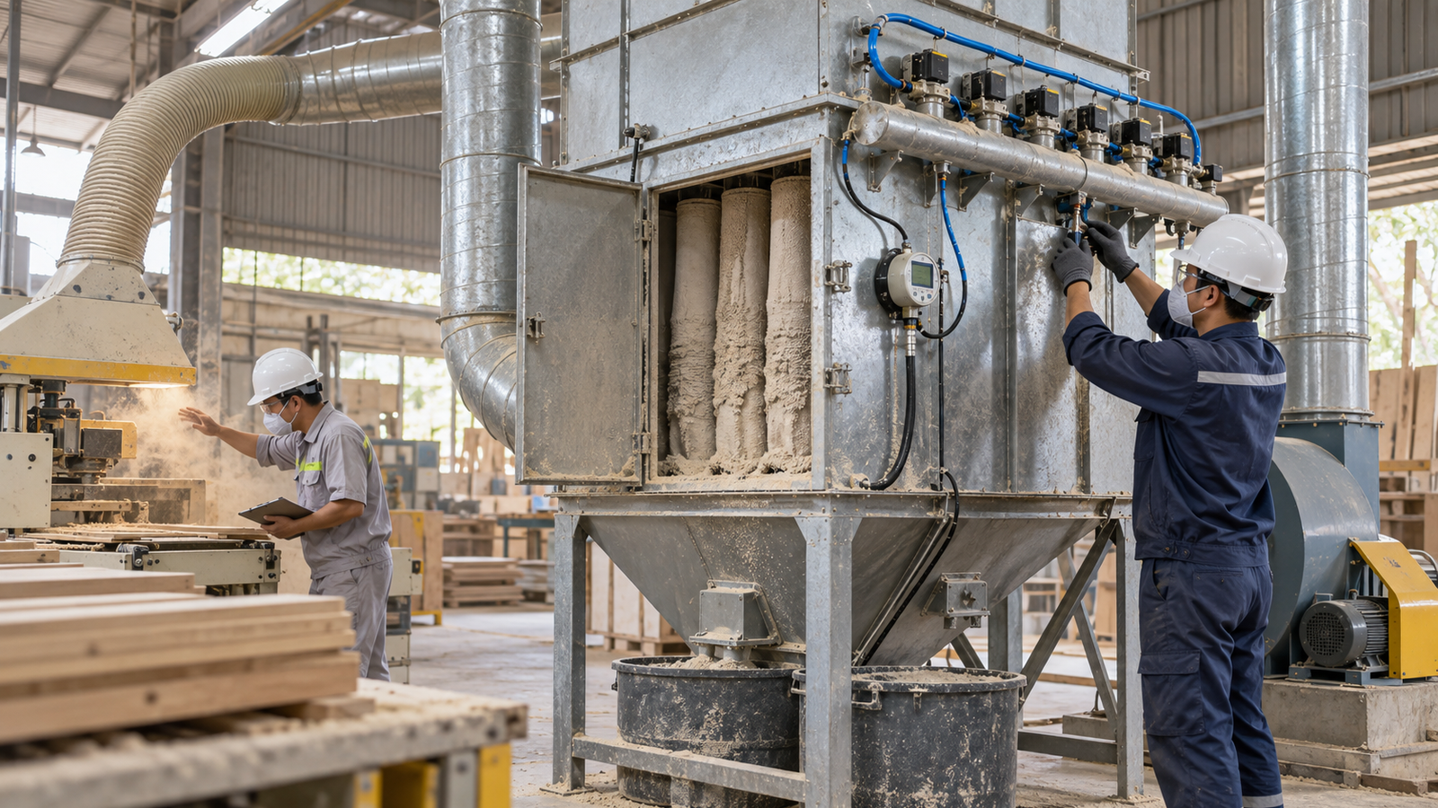 Kỹ thuật viên kiểm tra hệ thống lọc bụi túi vải tại xưởng SME Việt Nam