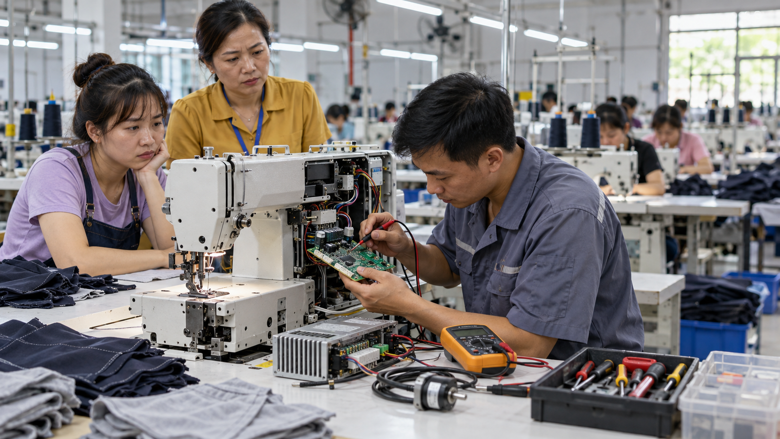 Kỹ thuật viên kiểm tra máy may công nghiệp điện tử tại xưởng SME Việt Nam