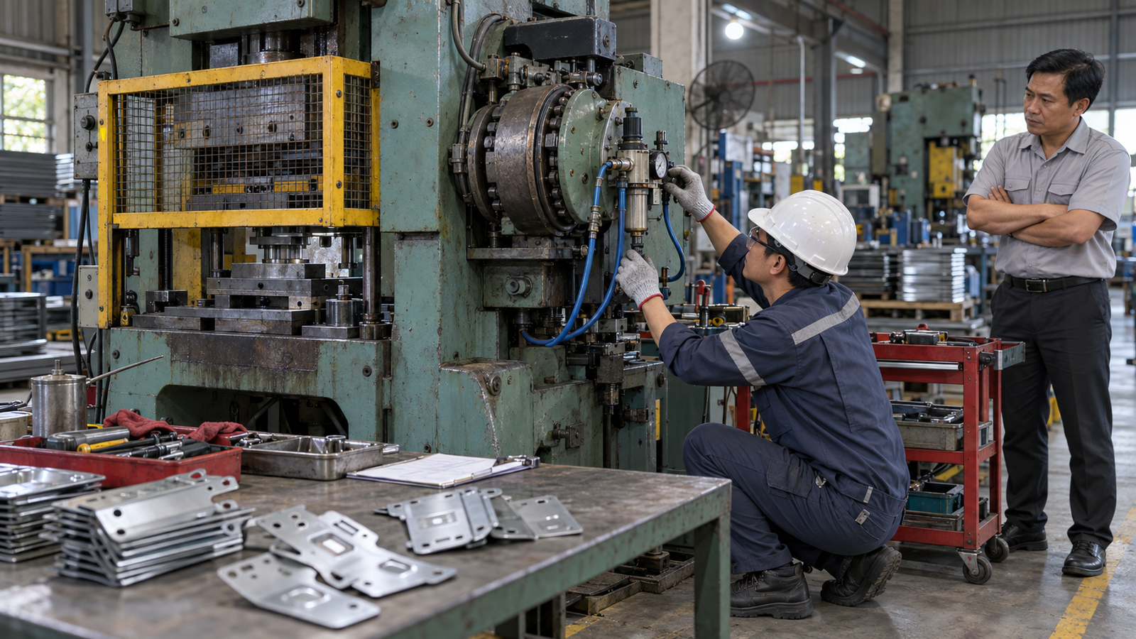 Kỹ thuật viên kiểm tra máy dập cơ ly hợp phanh tại xưởng SME Việt Nam
