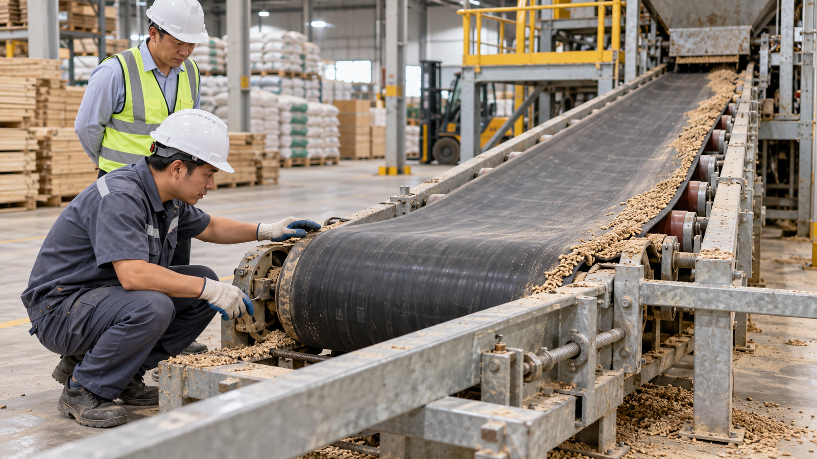 Kỹ thuật viên kiểm tra băng tải cơ khí tại xưởng SME Việt Nam
