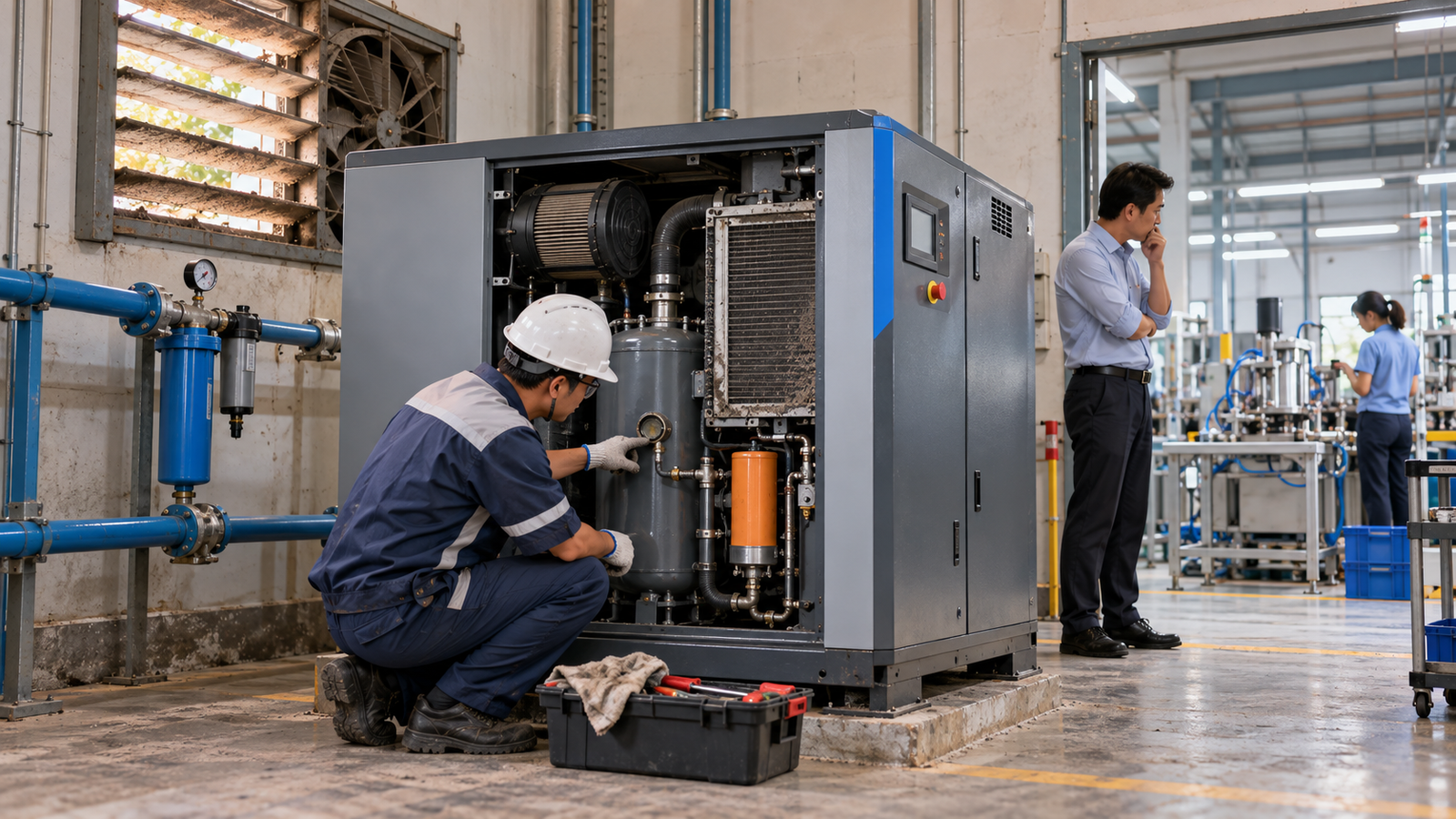 Kỹ thuật viên kiểm tra máy nén khí quá nhiệt tại xưởng SME Việt Nam