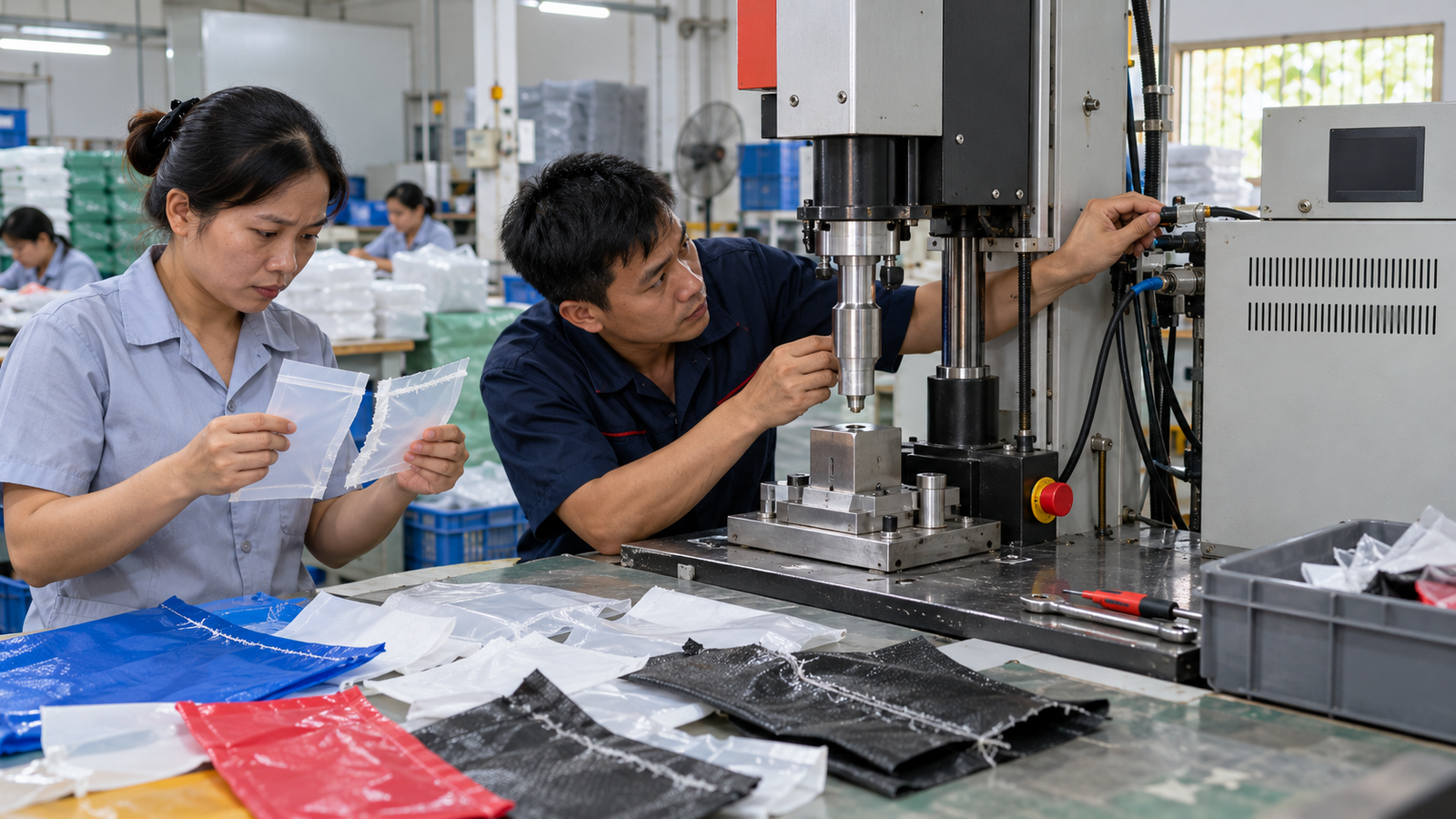 Kỹ thuật viên kiểm tra máy hàn siêu âm tại xưởng SME Việt Nam