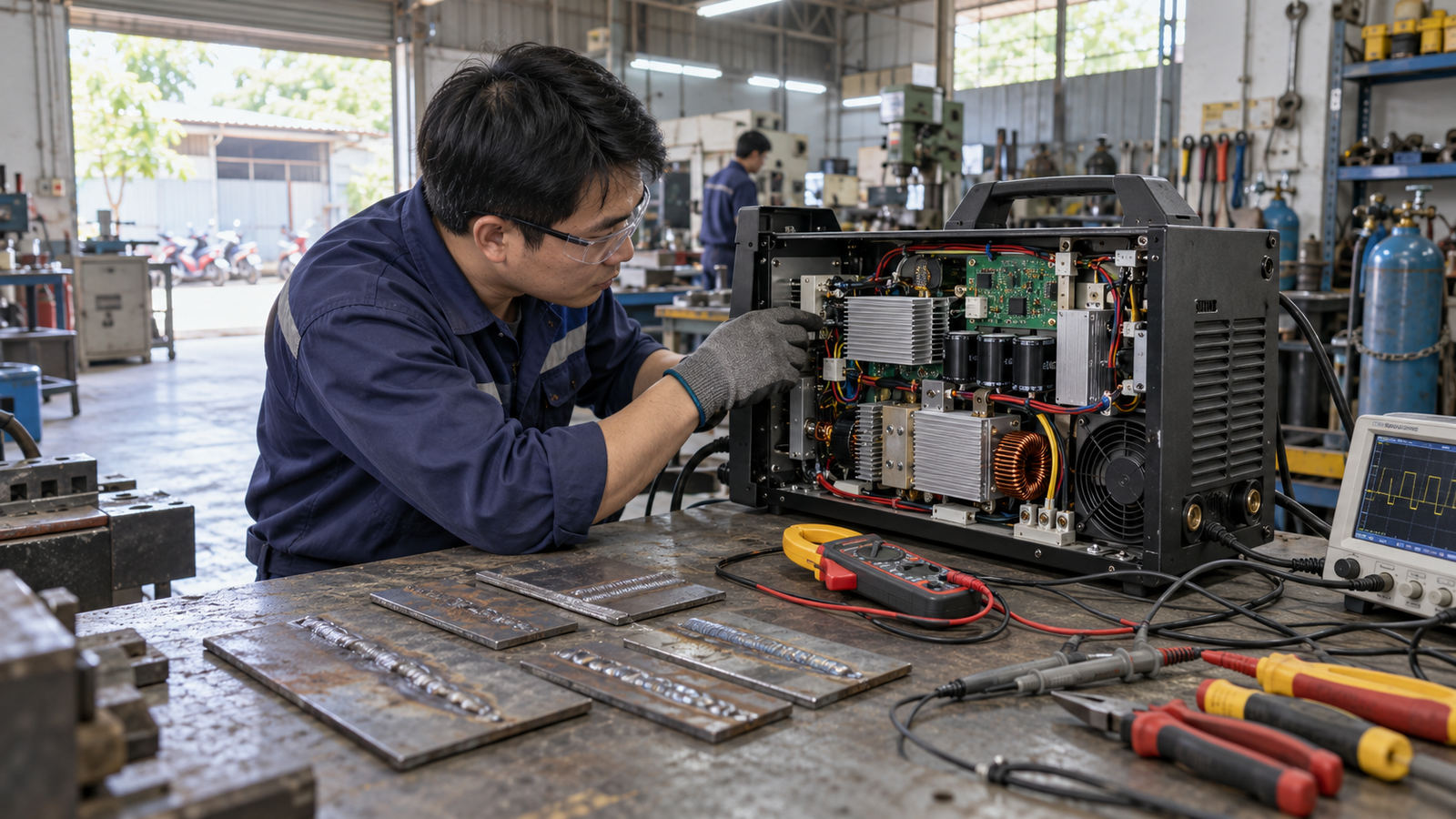 Kỹ thuật viên kiểm tra máy hàn điện tử tại xưởng SME Việt Nam