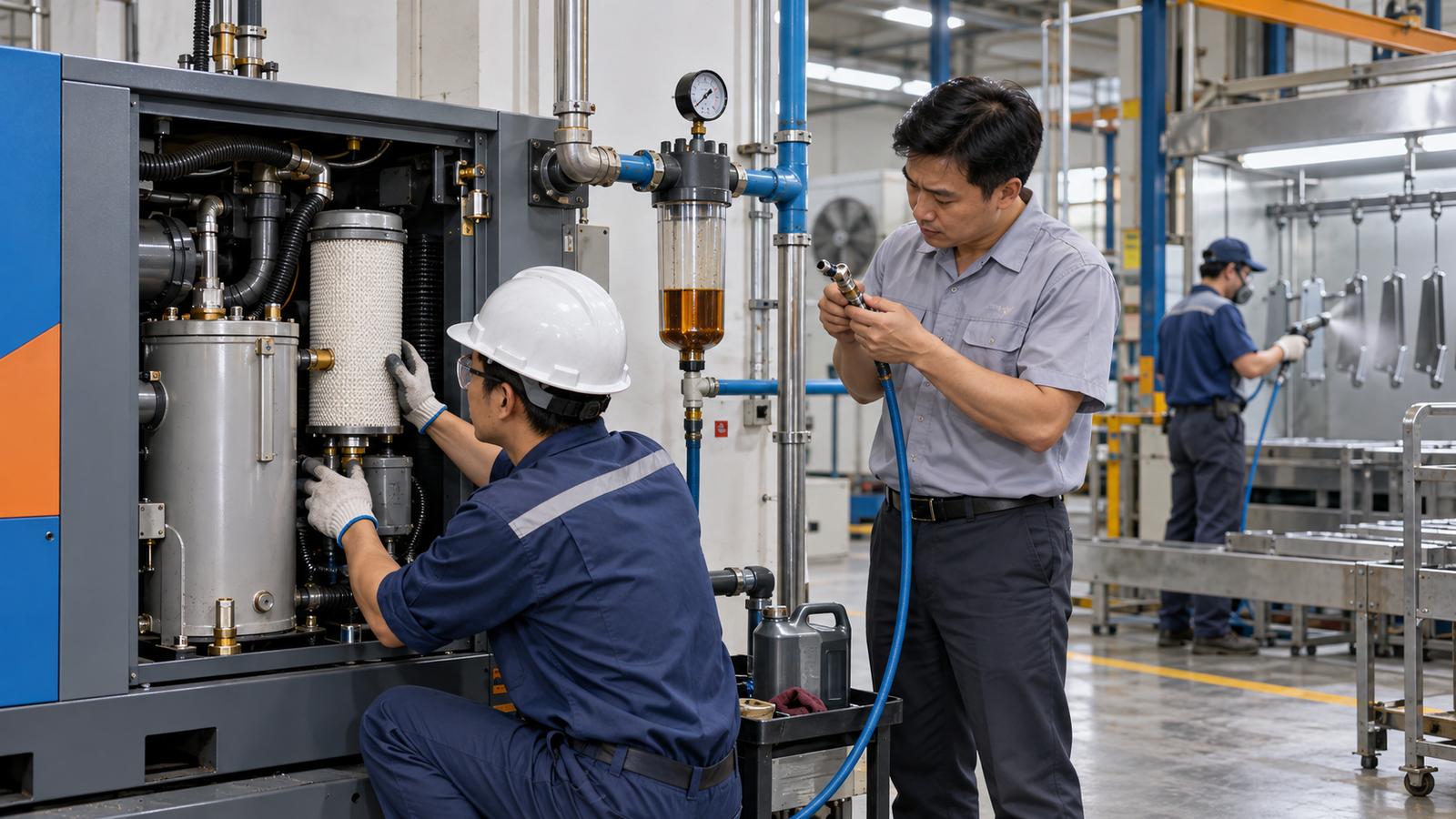 Kỹ thuật viên kiểm tra máy nén khí ra dầu tại xưởng SME Việt Nam