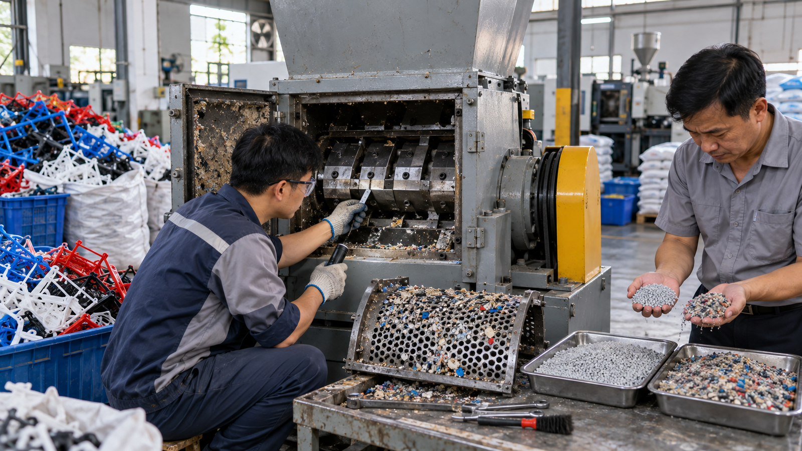 Kỹ thuật viên kiểm tra máy nghiền nhựa tại xưởng SME Việt Nam