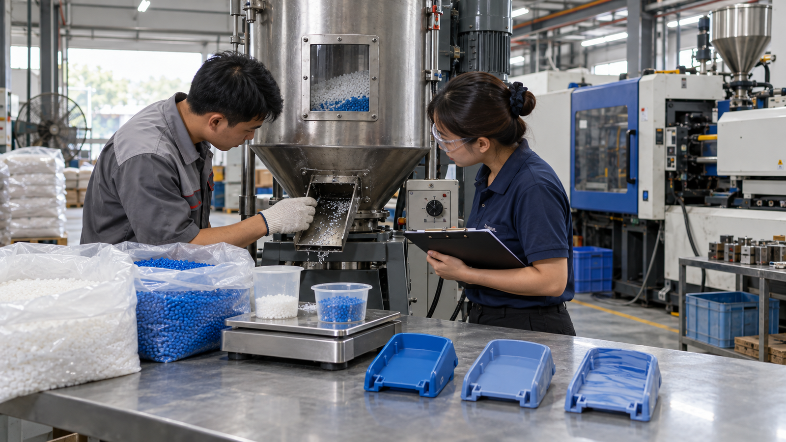 Kỹ thuật viên kiểm tra phối màu hạt nhựa tại xưởng SME Việt Nam