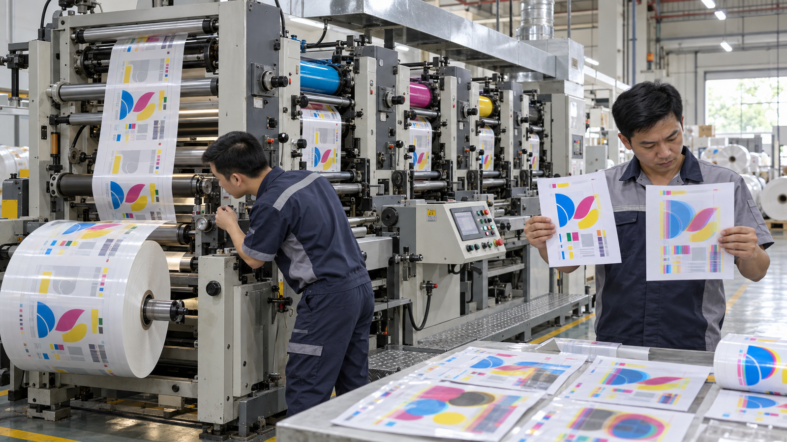 Kỹ thuật viên kiểm tra máy in flexo tại xưởng SME Việt Nam
