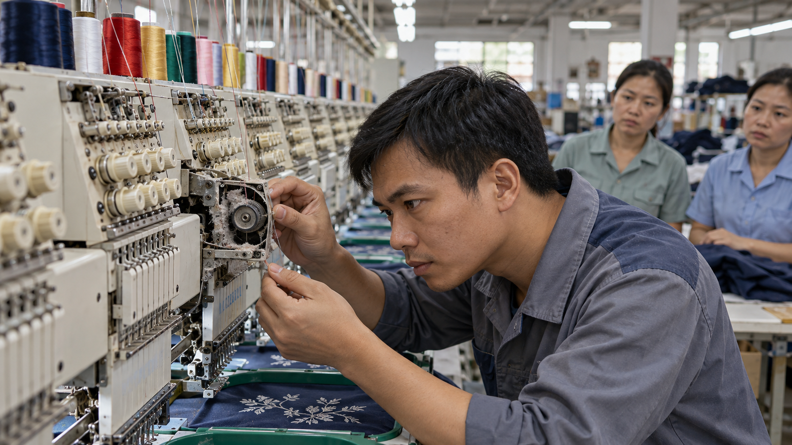Kỹ thuật viên kiểm tra máy thêu vi tính tại xưởng SME Việt Nam