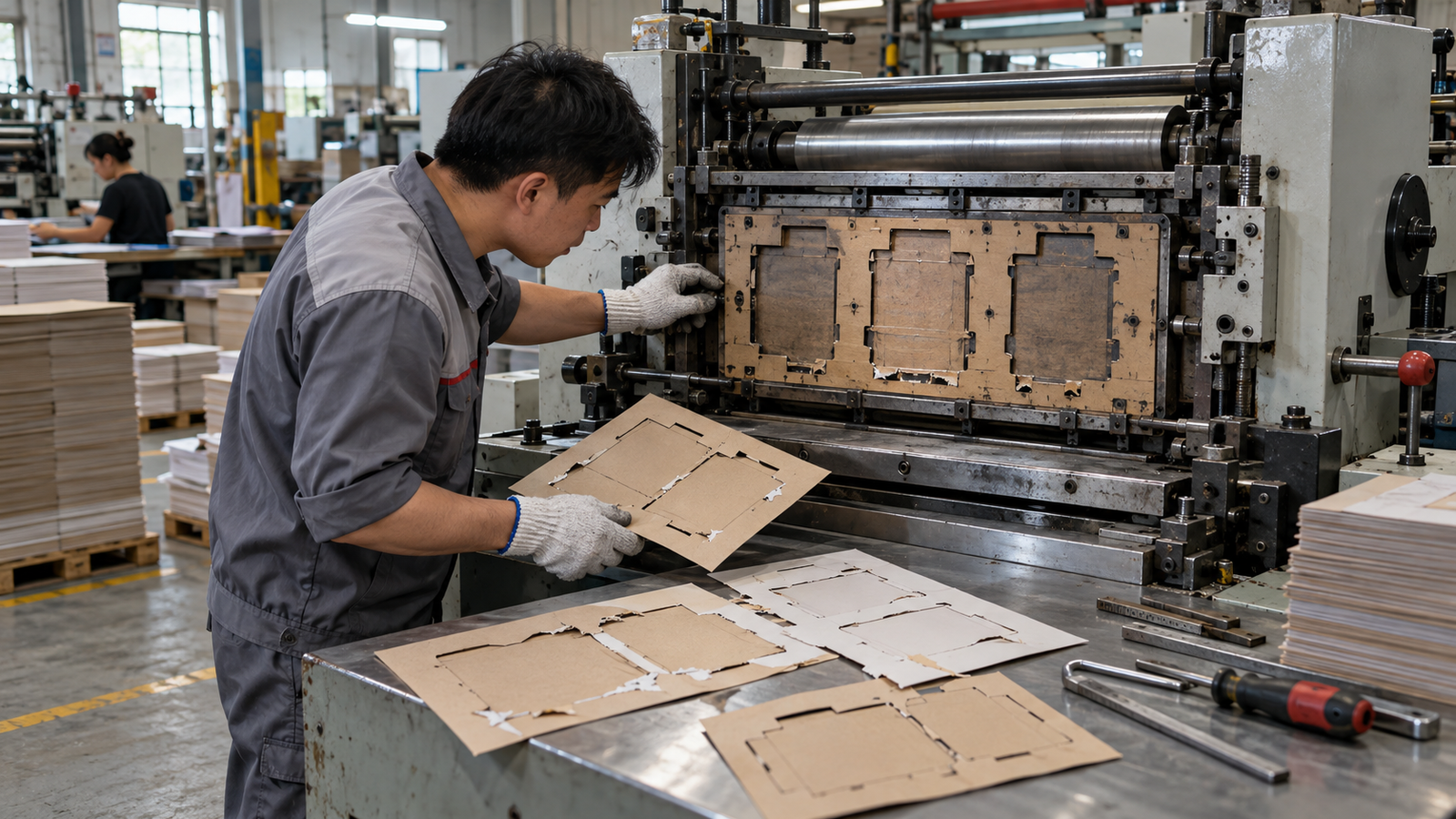 Kỹ thuật viên kiểm tra máy bế hộp giấy tại xưởng SME Việt Nam