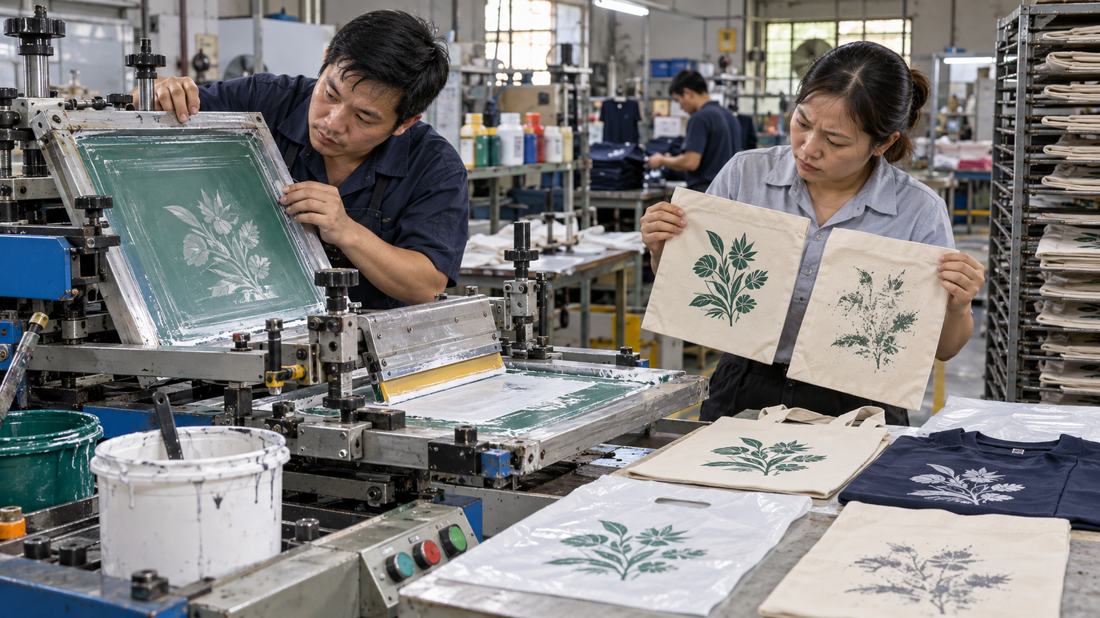 Kỹ thuật viên kiểm tra máy in lụa tại xưởng SME Việt Nam
