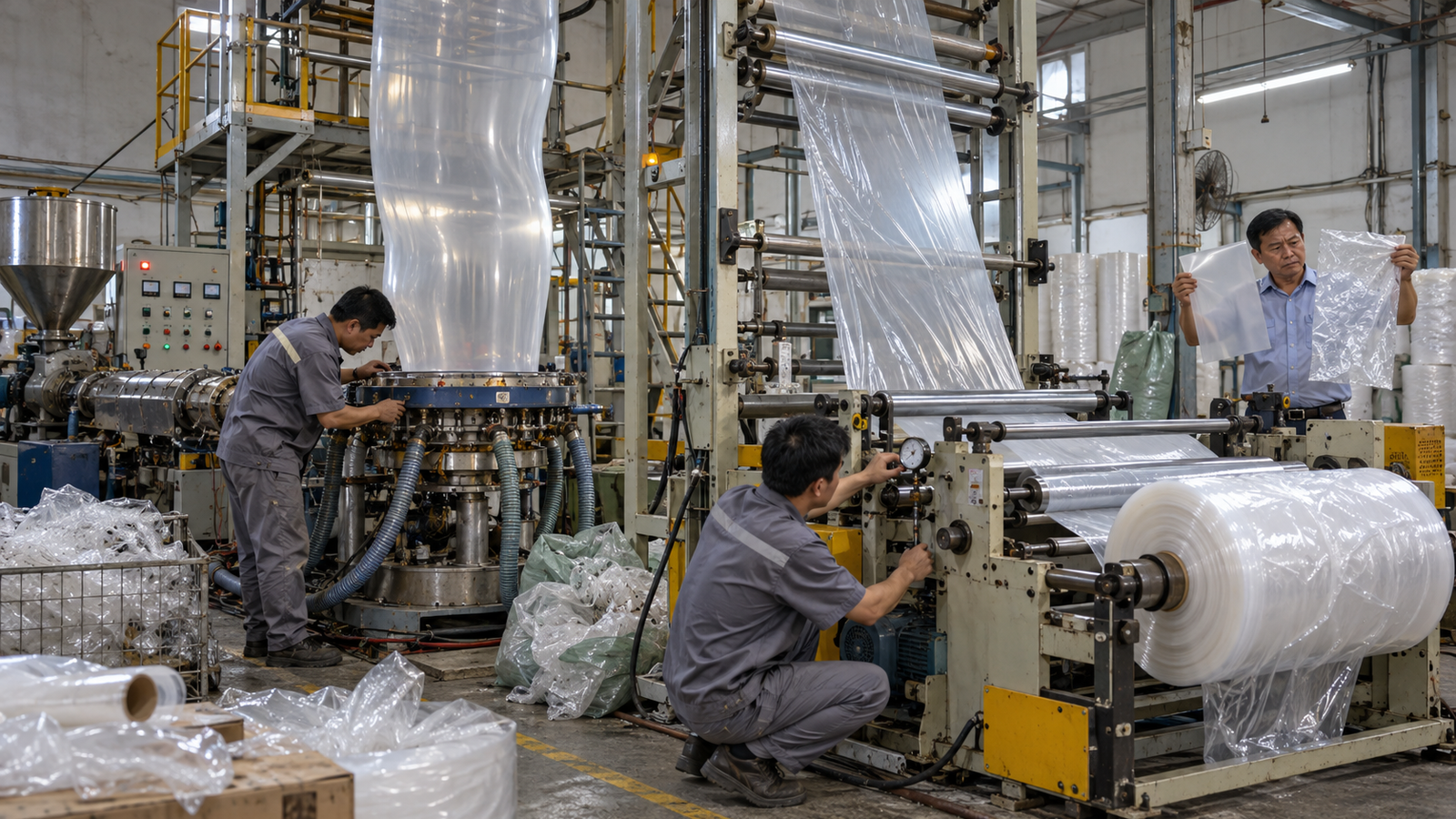 Kỹ thuật viên kiểm tra máy thổi màng PE tại xưởng SME Việt Nam