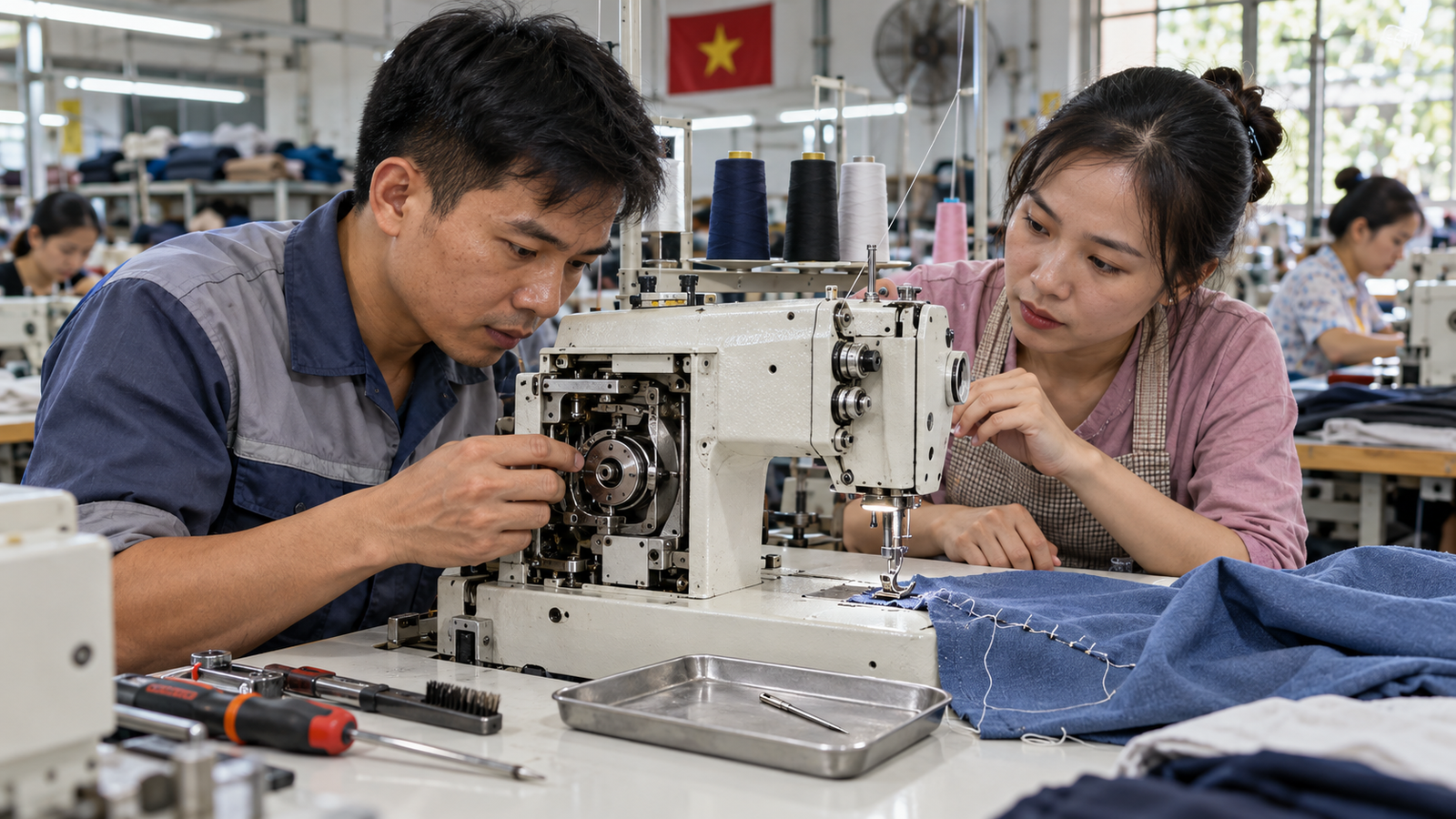 Kỹ thuật viên kiểm tra máy may công nghiệp tại xưởng SME Việt Nam