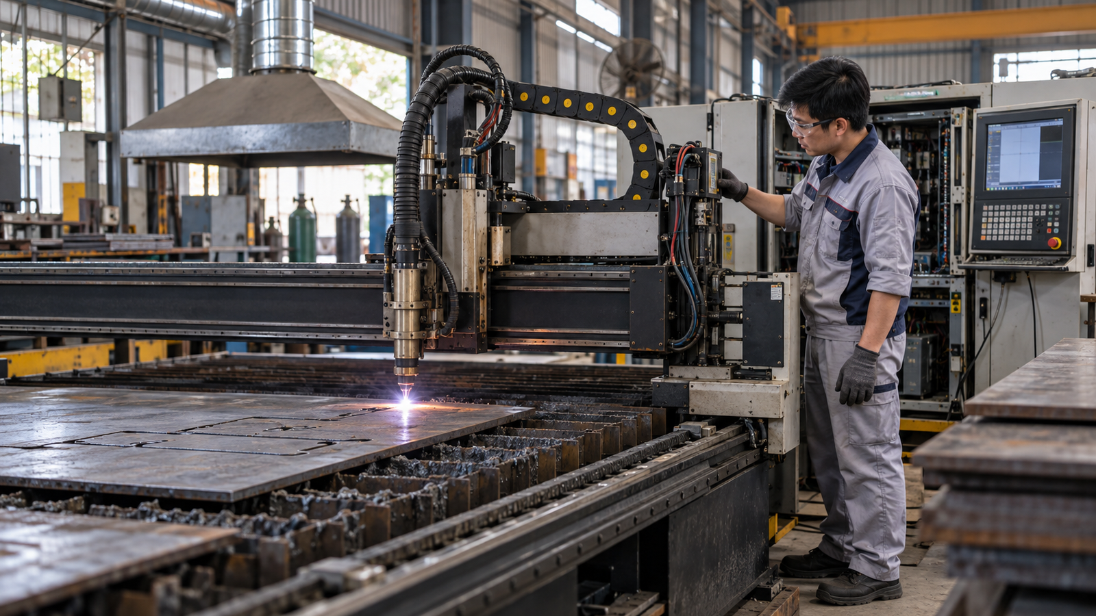 Kỹ thuật viên kiểm tra CNC plasma tại xưởng SME Việt Nam