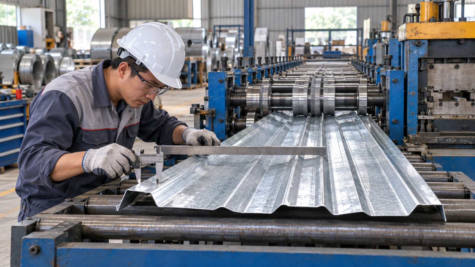 Kỹ thuật viên kiểm tra máy cán tôn tại xưởng SME Việt Nam