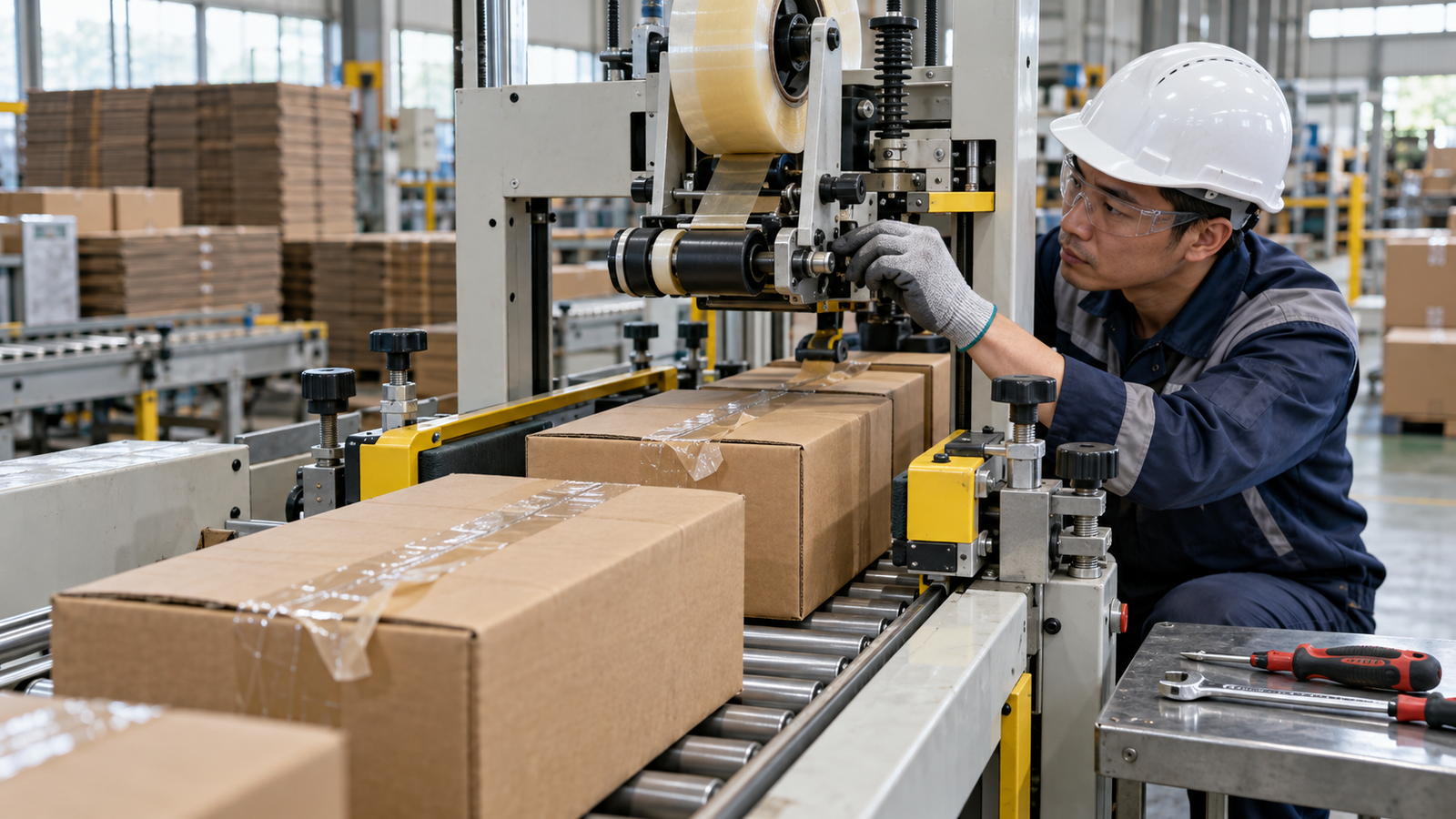 Kỹ thuật viên kiểm tra máy dán thùng carton tại xưởng SME Việt Nam