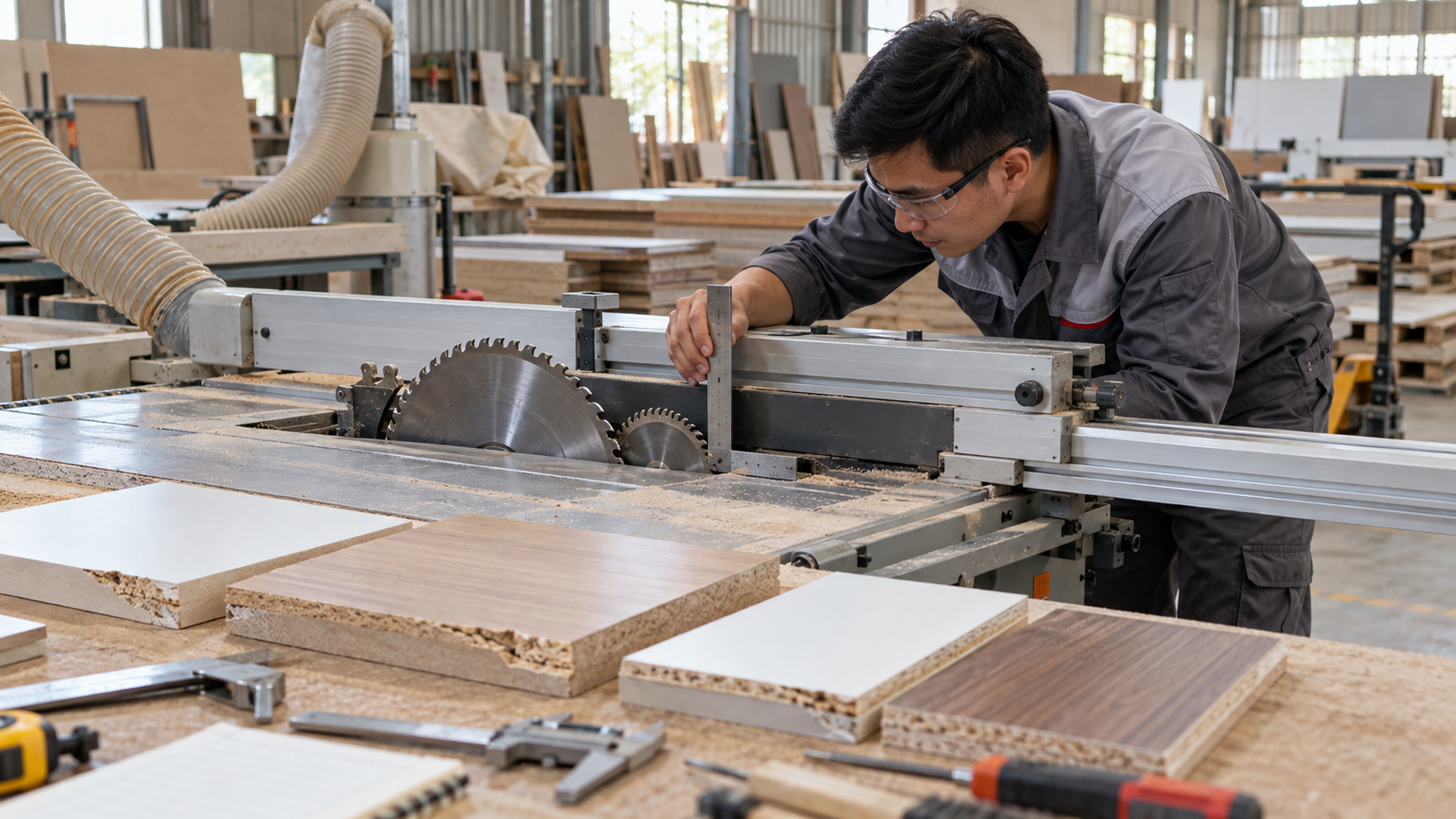 Kỹ thuật viên kiểm tra máy cưa bàn trượt tại xưởng SME Việt Nam